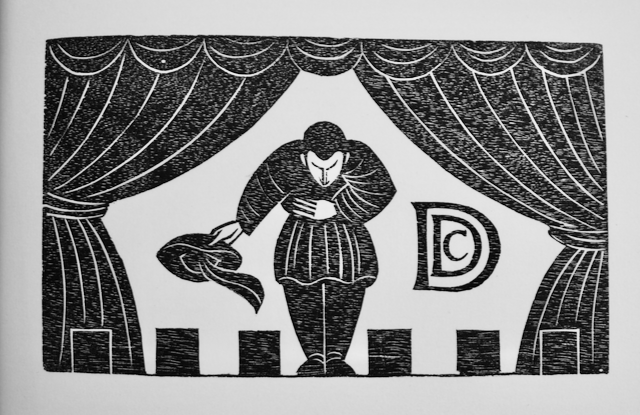Woodcut of  actor doffing his hat for Ditchling Drama Club by Eric Gill